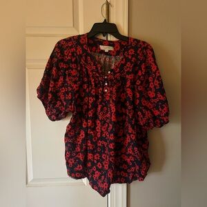 LOFT Red and Black Puff Sleeve Ruffled Blouse